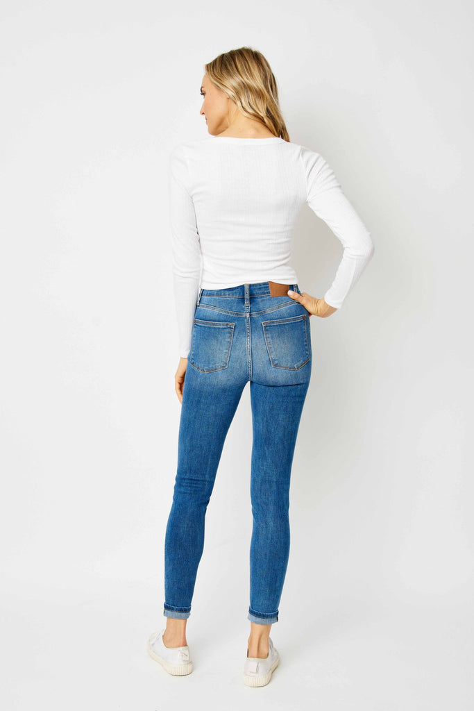 Judy Blue High-Rise Cuffed Hem Skinny Jeans JB82449 in Medium Blue
