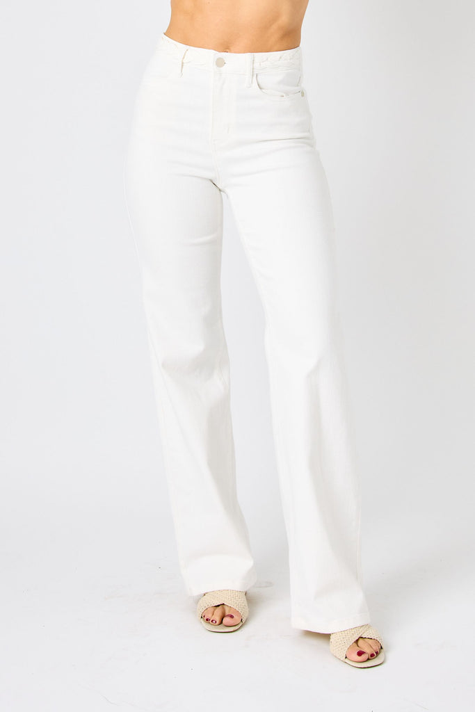 Judy Blue High-Rise Braided Waistband Wide Leg Jeans JB88781 - White