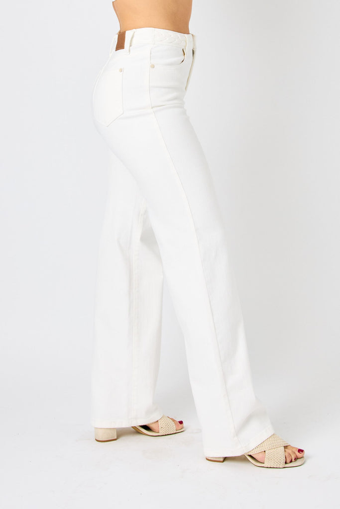 Judy Blue High-Rise Braided Waistband Wide Leg Jeans JB88781 - White