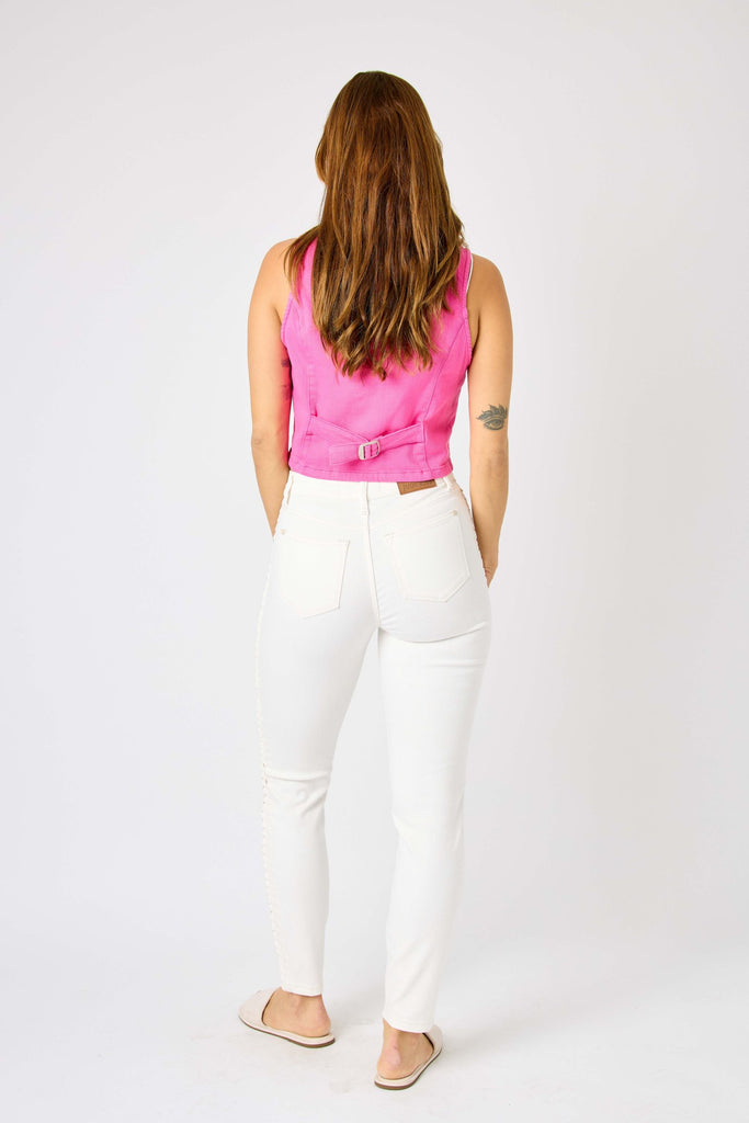 Judy Blue Mid-Rise SS Braided Detail Relaxed Skinny Jeans JB88782 in White