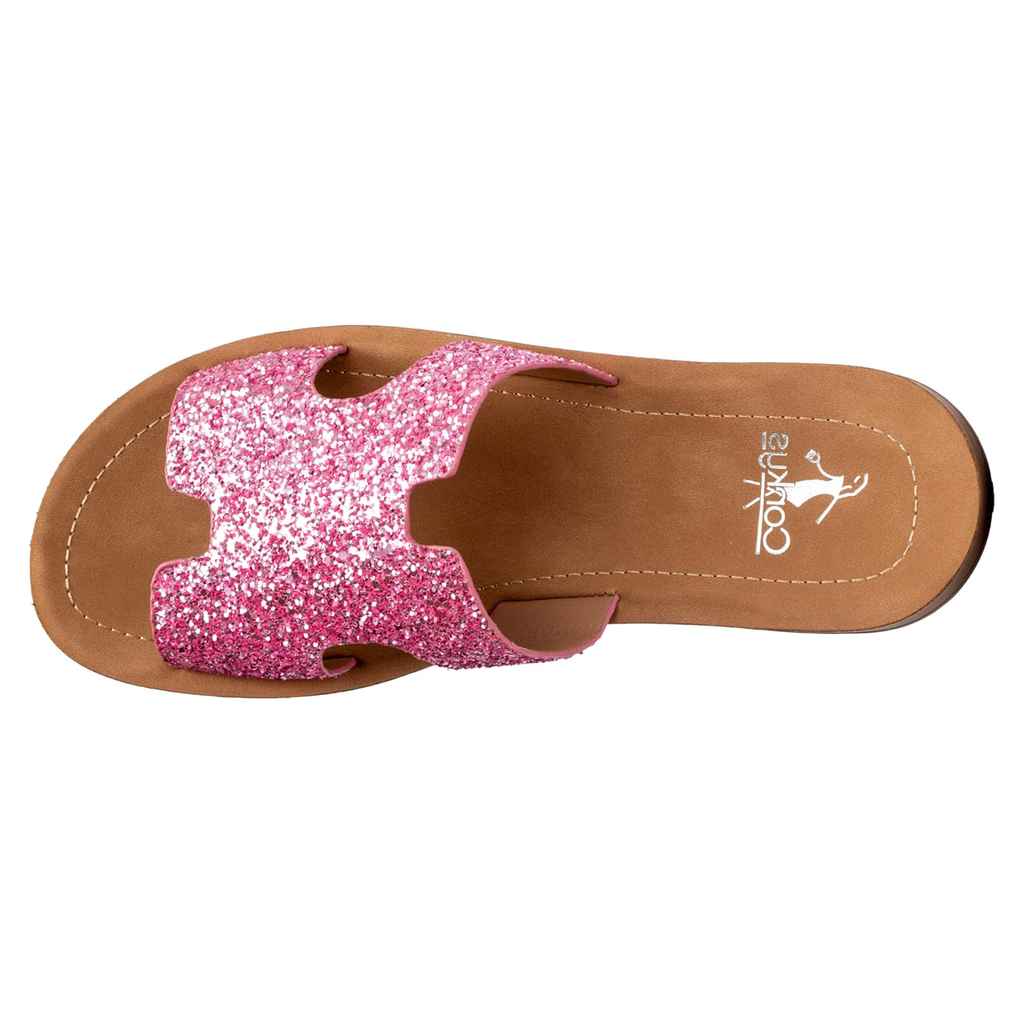 Corkys Bogalusa Wedge Sandal in Pink Chunky Glitter