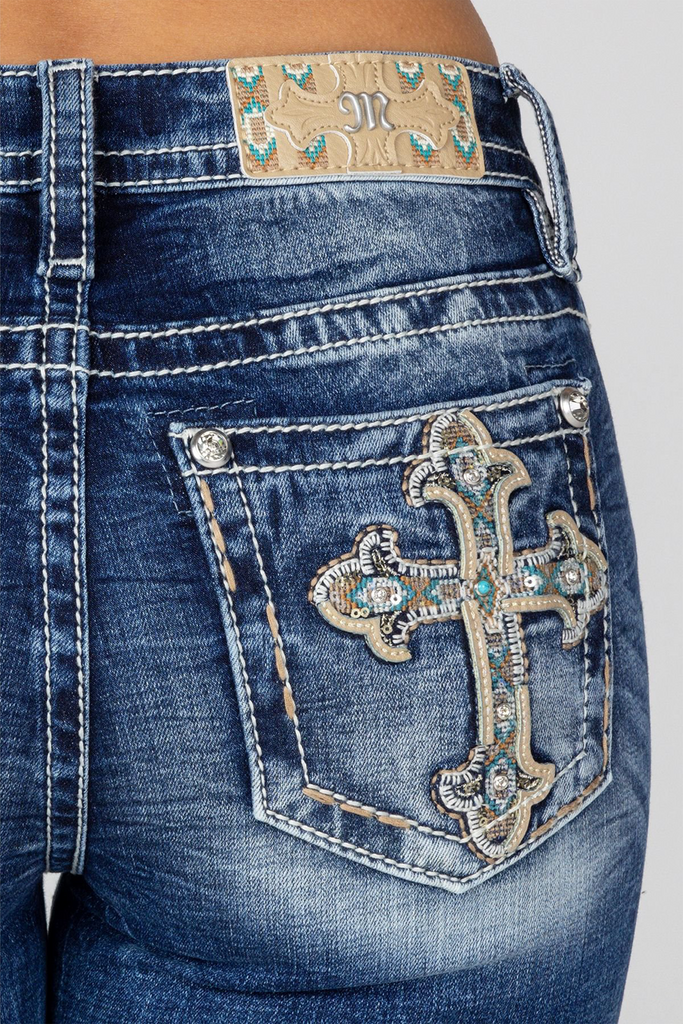 Miss Me Mid-Rise Aztec Turquoise Embellished Cross Bootcut Jeans M9199B
