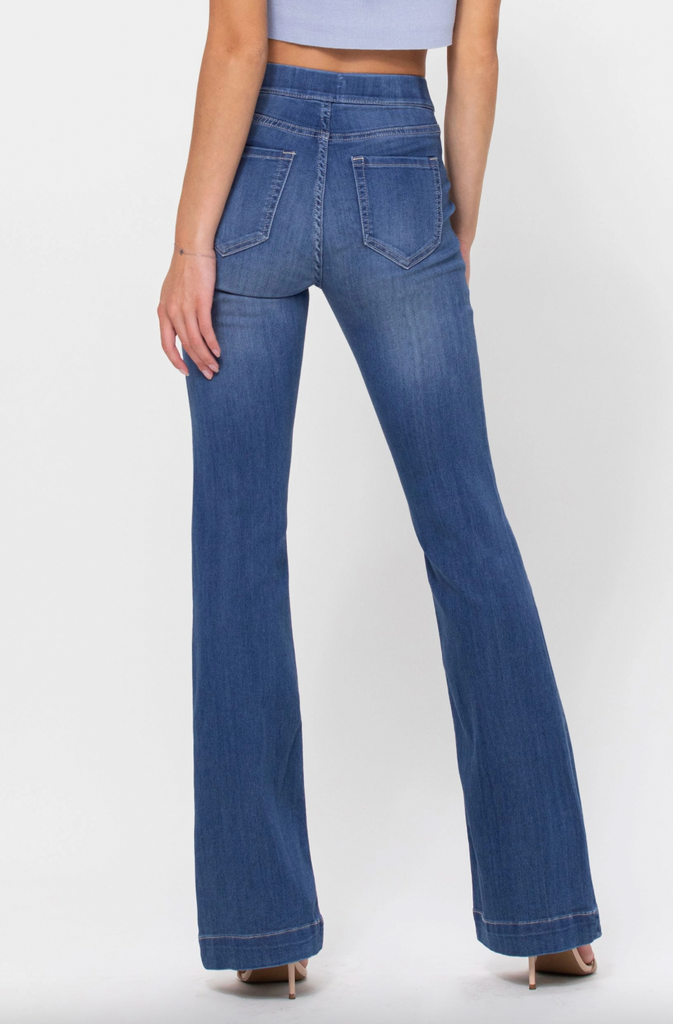 Cello Mid-Rise Patch Pocket Elastic Waistband Flare Jeans AB36651M