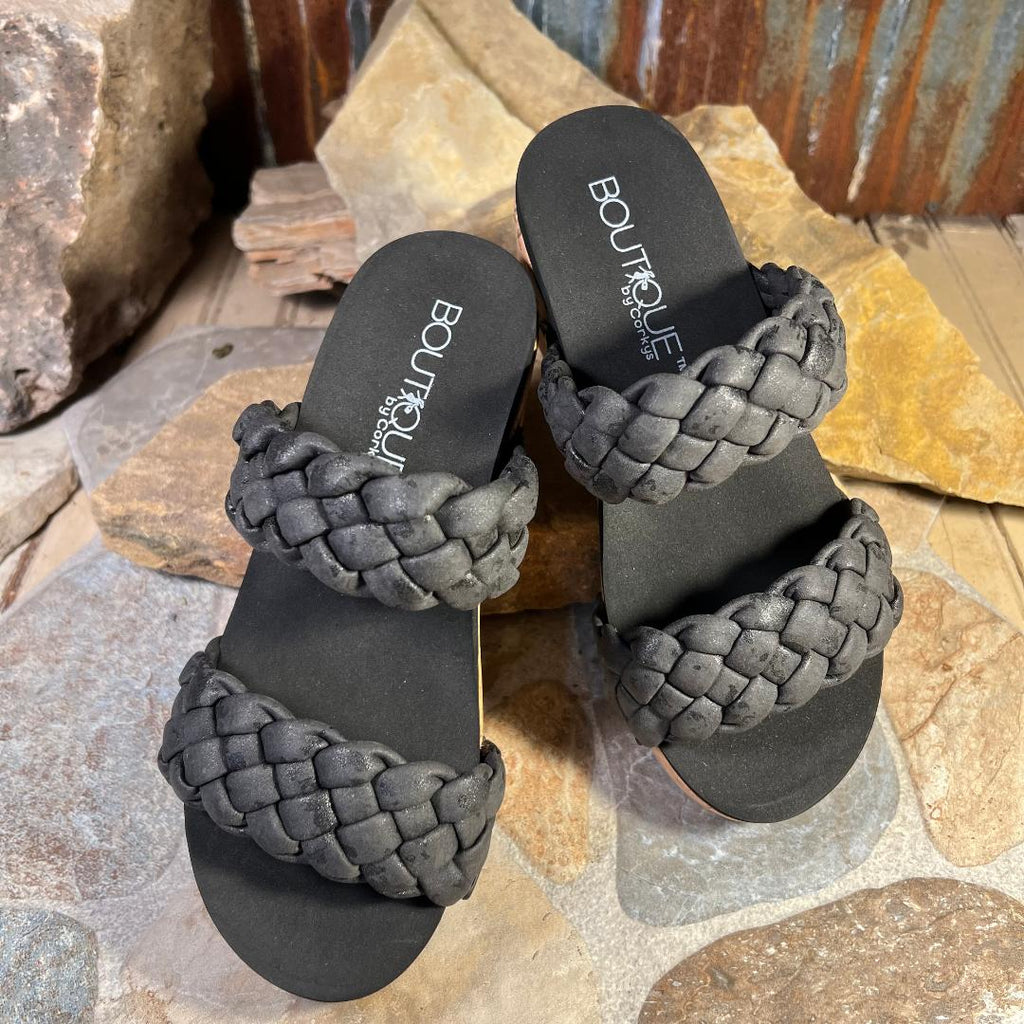 Corkys Delightful Wedge Sandal in Black Metallic
