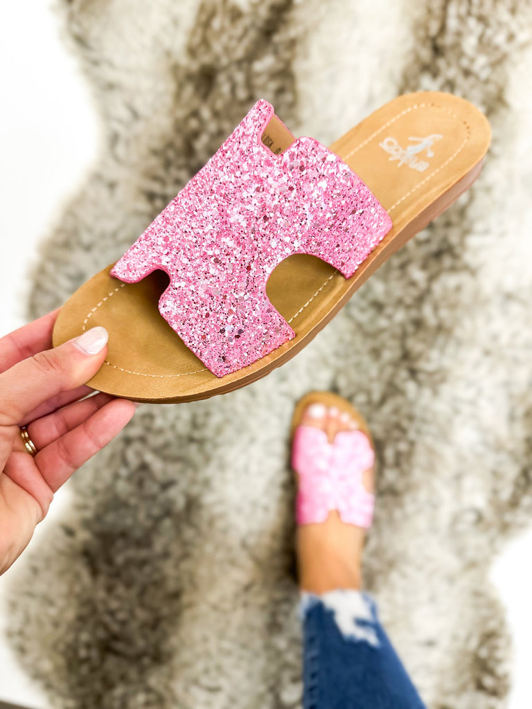 Corkys Bogalusa Wedge Sandal in Pink Chunky Glitter