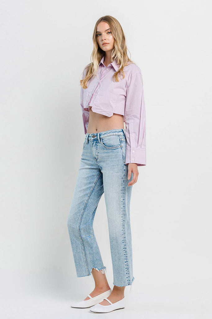 Flying Monkey High-Rise Raw Hem Cropped Dad Jeans F5584 in Blue Mountain