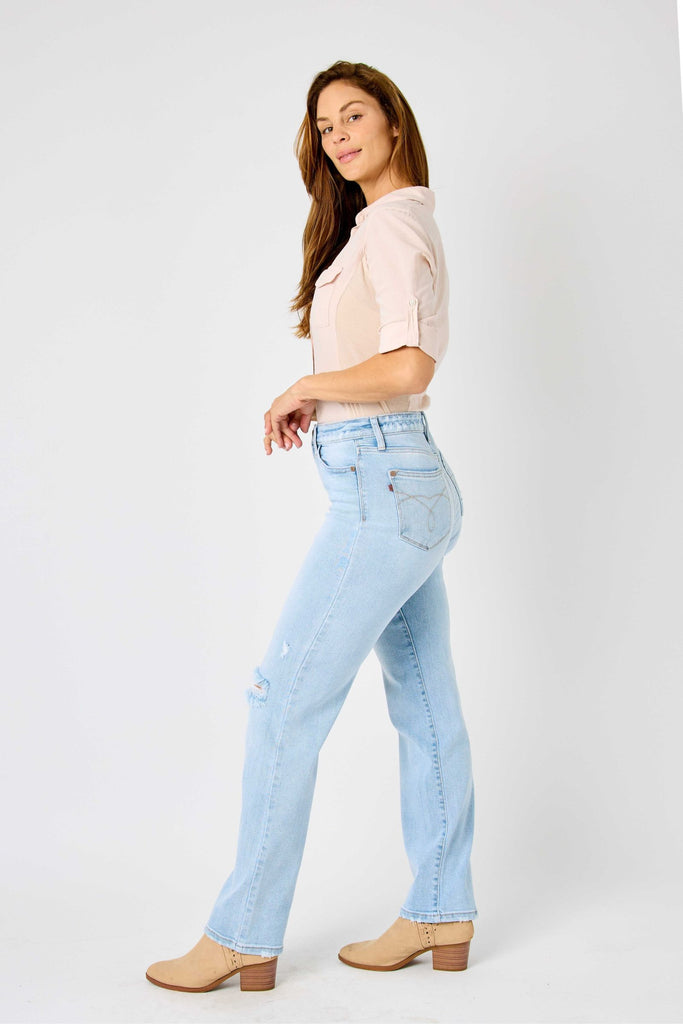 Judy Blue High Destroyed & Ripped Back 90's Straight Jeans 82600 in Light Blue