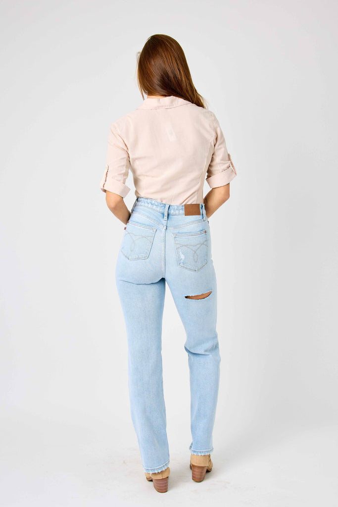 Judy Blue High Destroyed & Ripped Back 90's Straight Jeans 82600 in Light Blue