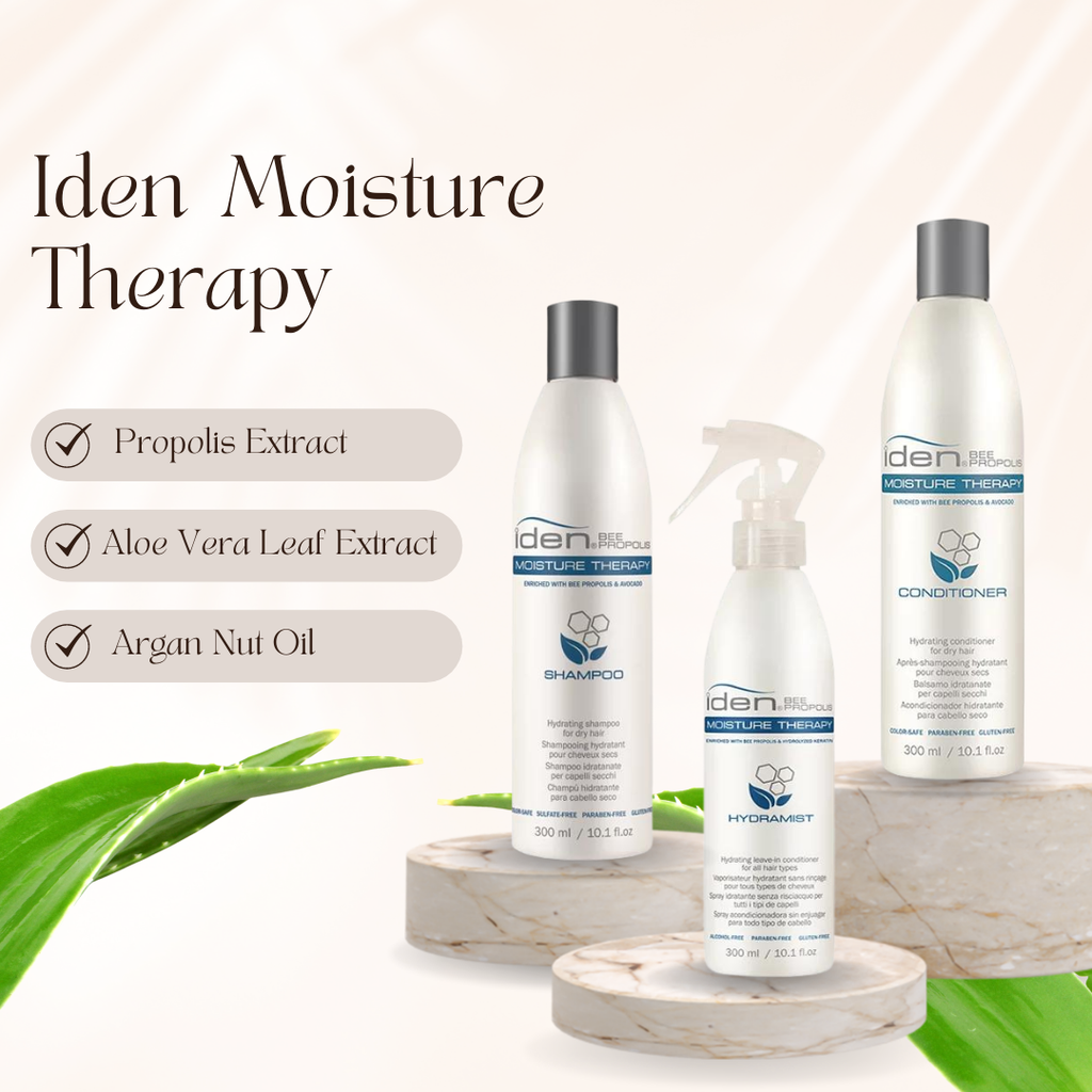 Iden Bee Propolis MOISTURE THERAPY Hydrating Shampoo, Conditioner & Hydramist Holiday Trio Kit