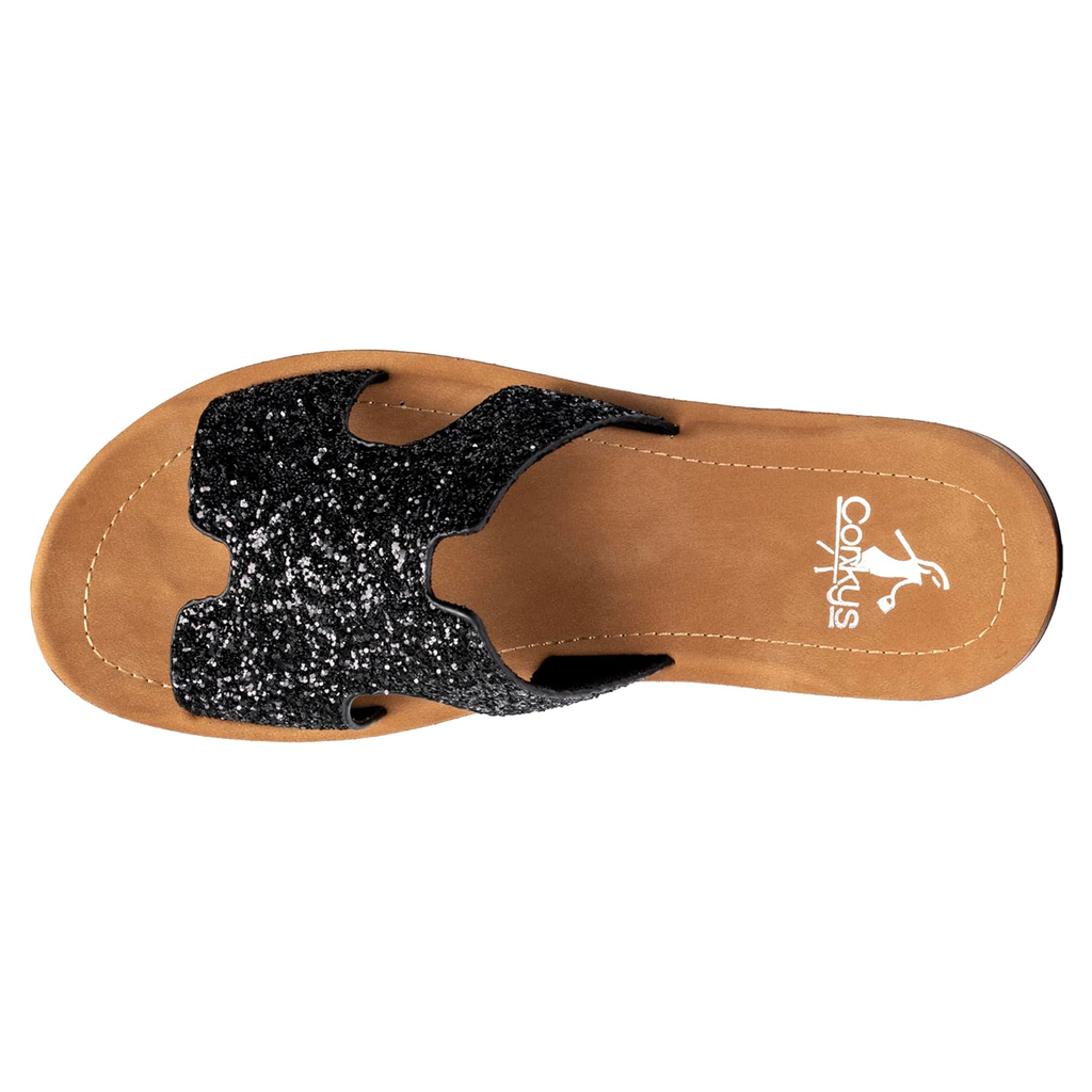 Corkys Bogalusa Wedge Sandal in Black Chunky Glitter