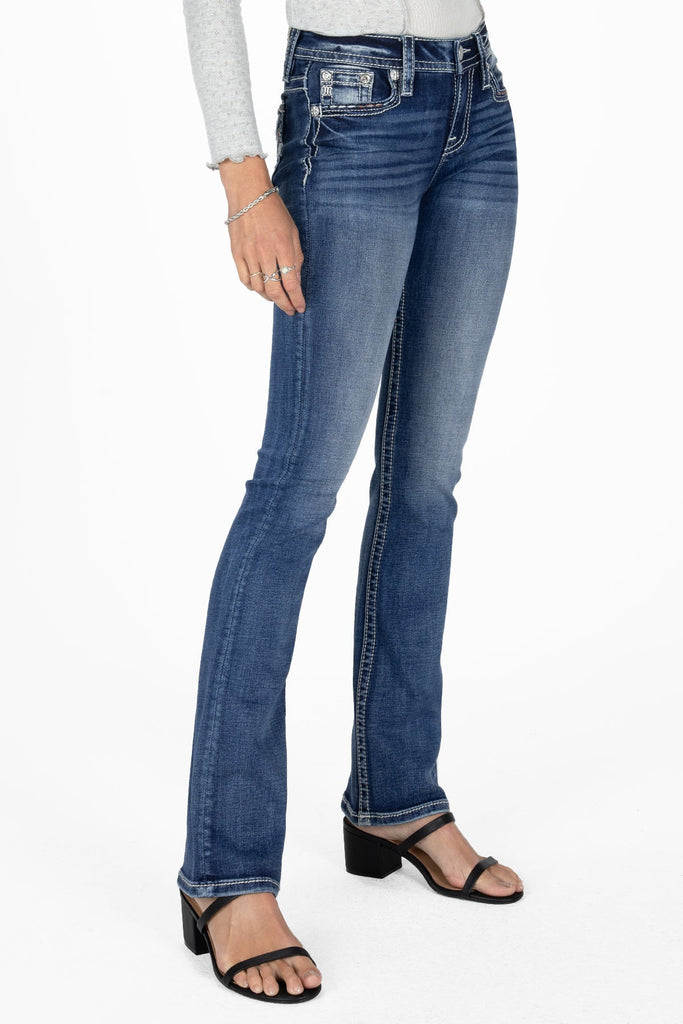 Miss Me Mid-Rise Leather Stripes and Stars Bootcut Jeans M9184B