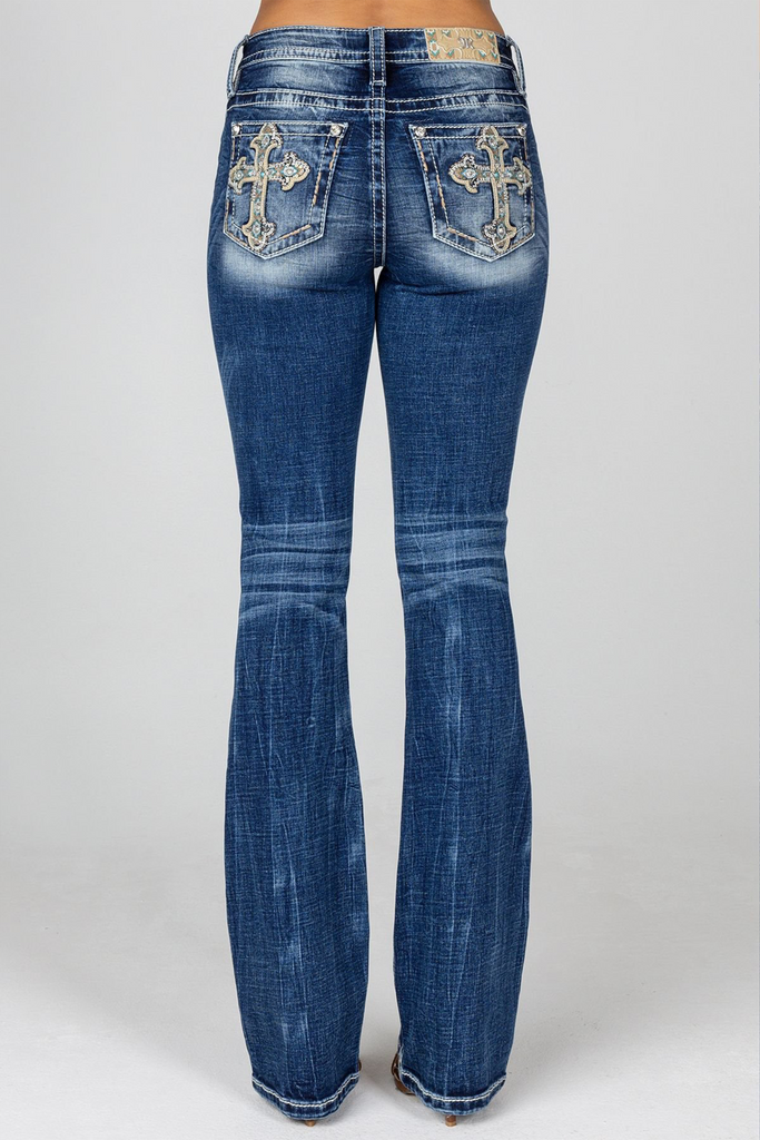 Miss Me Mid-Rise Aztec Turquoise Embellished Cross Bootcut Jeans M9199B