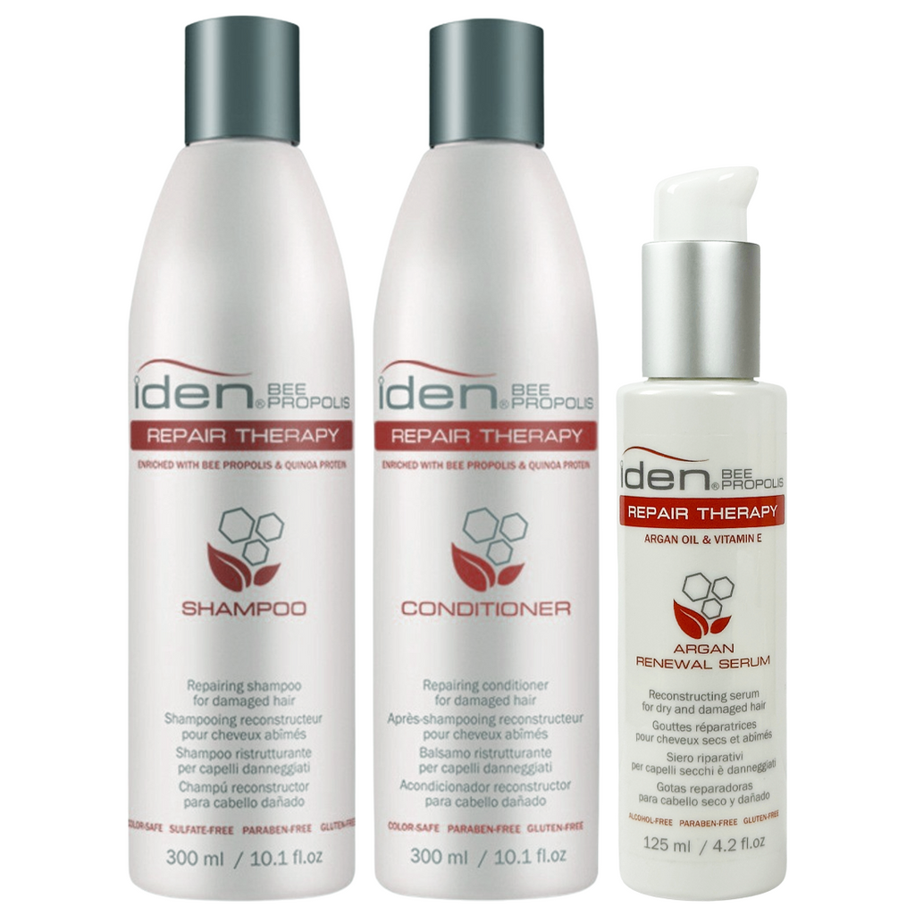 Iden Bee Propolis REPAIR THERAPY Repairing Shampoo, Conditioner & Argan Renewal Serum Holiday Trio Kit