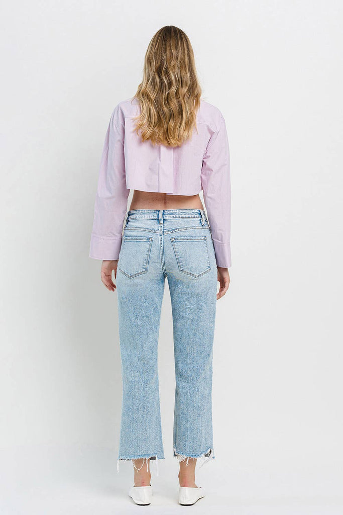 Flying Monkey High-Rise Raw Hem Cropped Dad Jeans F5584 in Blue Mountain