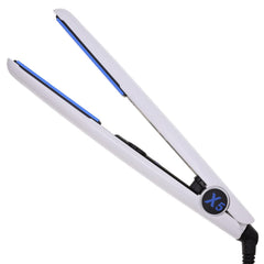 Front view of the X5 SUPERLITE 1-inch Nano Ceramic Tourmaline Flat Iron Model 7020 in sleek white, showcasing its slim ergonomic profile.