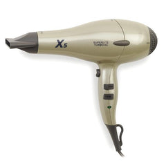 Front view of the X5 SUPERLITE Turbo AC Professional Hair Dryer Model 7014 showing its matte black aerodynamic body and salon-grade controls.